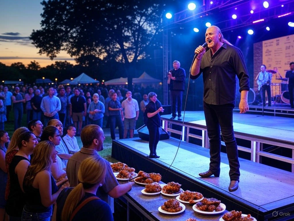 A lively scene from the 2025 Bay City Rib Festival, featuring national music acts like Trace Adkins and Sebastian Bach performing on stage, surrounded by attendees enjoying international BBQ vendors' offerings at Veterans Memorial Park in Michigan.Image