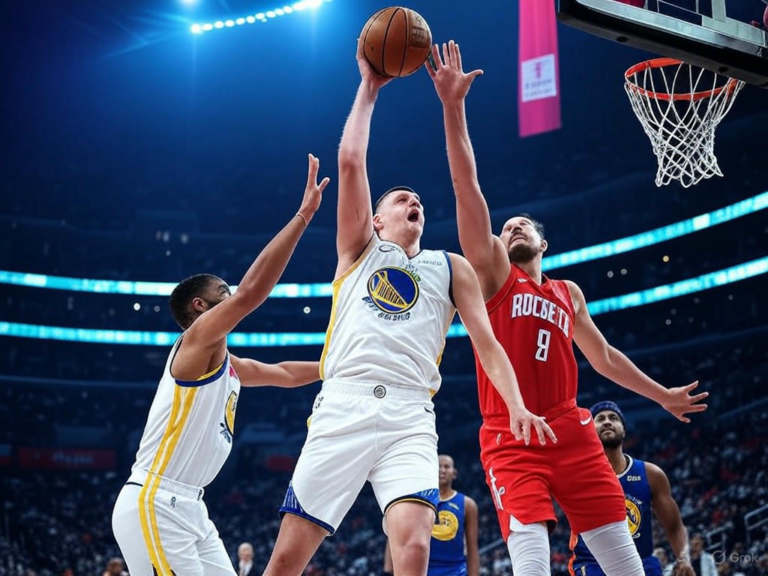 An image of the NBA Playoffs 2025 bracket highlighting Game 7 matchups between the Denver Nuggets and Los Angeles Clippers, and the Golden State Warriors and Houston Rockets, determining second-round contenders.Image