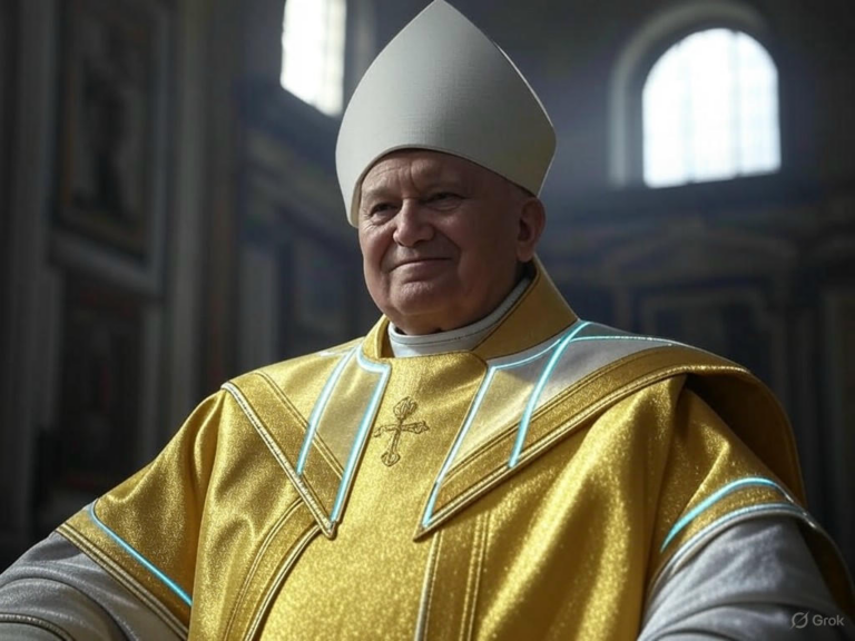 An AI-generated image depicting Donald Trump dressed as the Pope, wearing a white cassock, mitre, and holding a crucifix, shared during the mourning period for Pope Francis.Image