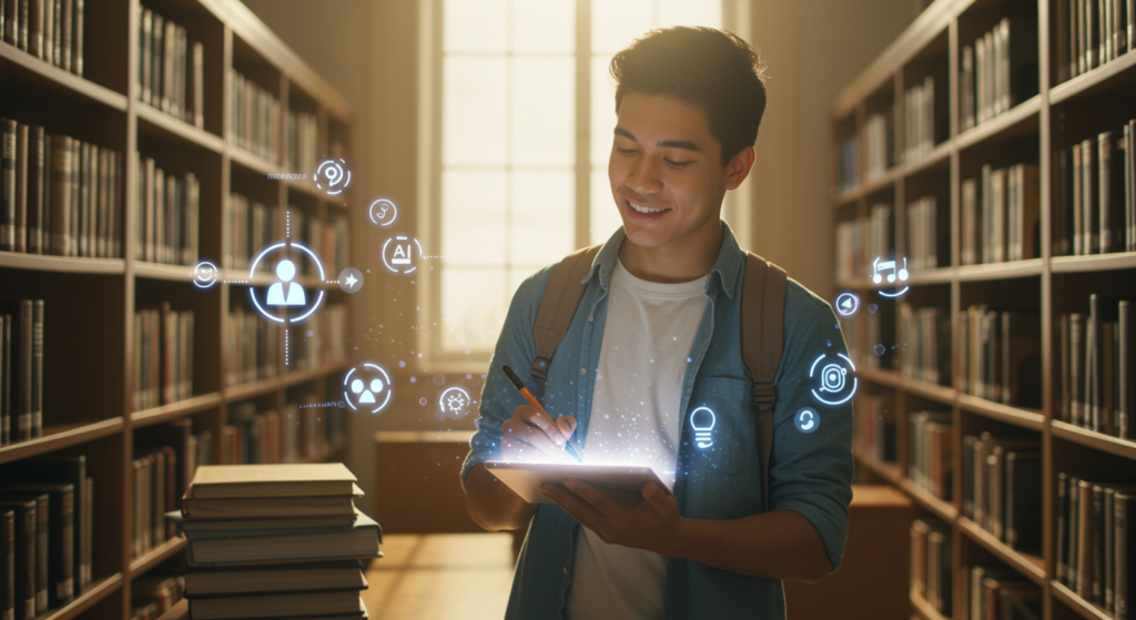 A college student leading an AI deregulation initiative in higher education, rewriting policies for ethical and innovative reforms.