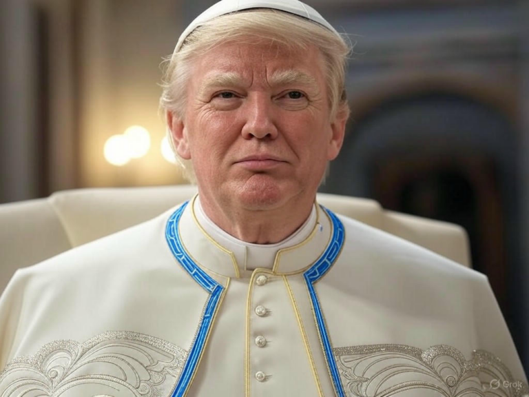 An AI-generated image of former President Donald Trump dressed as the Pope in traditional papal attire.Image