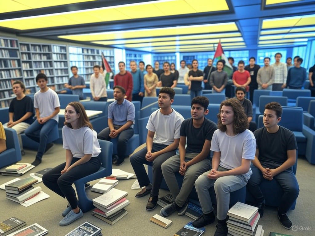 Protesters occupying Butler Library at Columbia University, with masked demonstrators waving Palestinian flags and clashing with police during a pro-Palestinian demonstration.