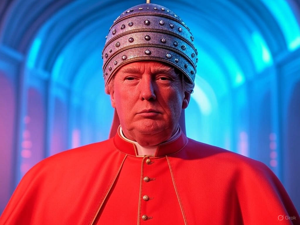 AI-generated image of Donald Trump dressed as the Pope in papal robes, including a white cassock, miter, and golden crucifix, sitting on a throne.Image