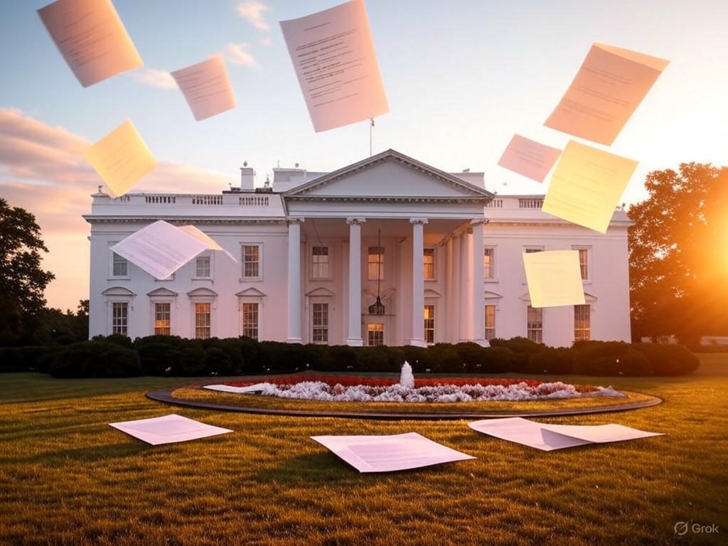 "A portrait of President Donald Trump during his second term, signing executive orders influenced by Project 2025, focusing on immigration policy, border security, and conservative governance."