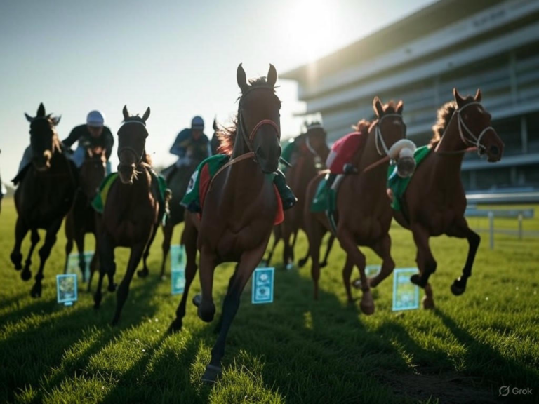 A dynamic scene from the Kentucky Derby 2025, featuring horses like Journalism and Sovereignty racing at Churchill Downs under rainy conditions, with live odds and payout details.Image