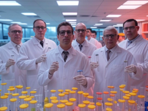 Scientists in a laboratory mid-experiment, facing sudden funding cutoff due to the NSF grant freeze.