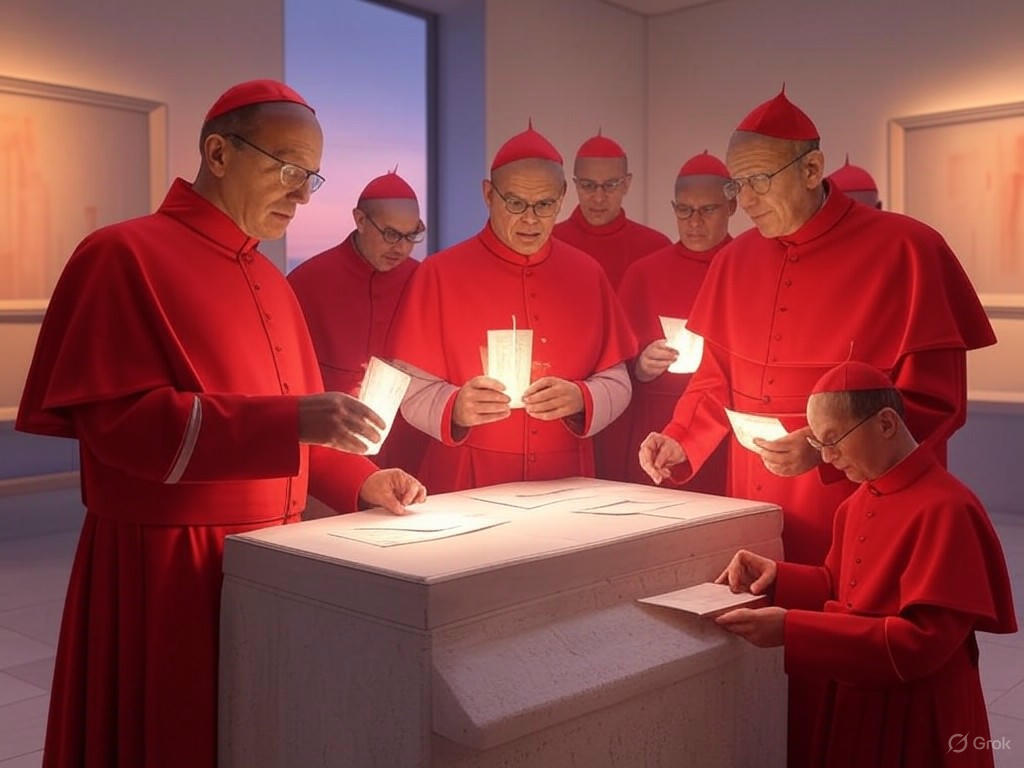Illustration of the papal election conclave, where cardinals engage in secret voting and strategic alliances similar to the Traitors game.
