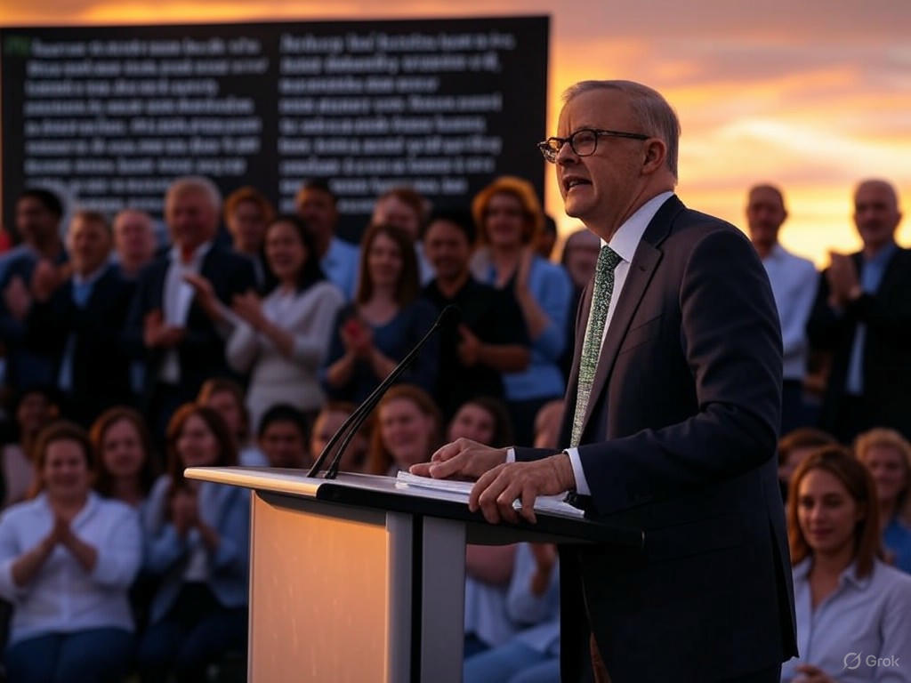 Alt text for hypothetical image: "Anthony Albanese delivering a unifying victory speech at the 2025 Australian election, symbolizing historic Labor win amid quotes and campaign humor."