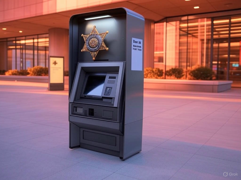 Illustration of a cryptocurrency ATM machine with a Wood County Sheriff's Office badge, emphasizing scam prevention and new regulations for consumer protection.