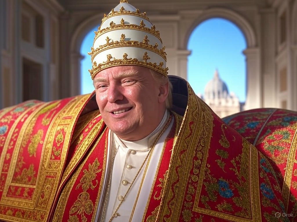AI-generated image of Donald Trump dressed as the Pope in papal regalia, including a white cassock, bishop's hat, and cross necklace, gesturing seriously as if delivering a sermon.Image