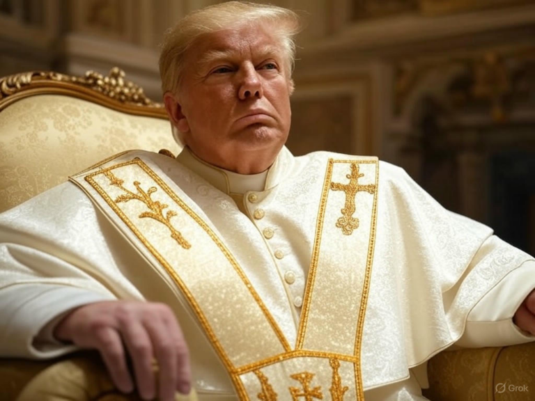 AI-generated image of Donald Trump dressed as the Pope, wearing white papal vestments and a headdress, seated in an ornate chair with his finger raised.Image