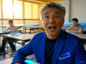 A professor collaborating with AI tools in a higher education environment to address adoption challenges and enhance administrative support.Image
