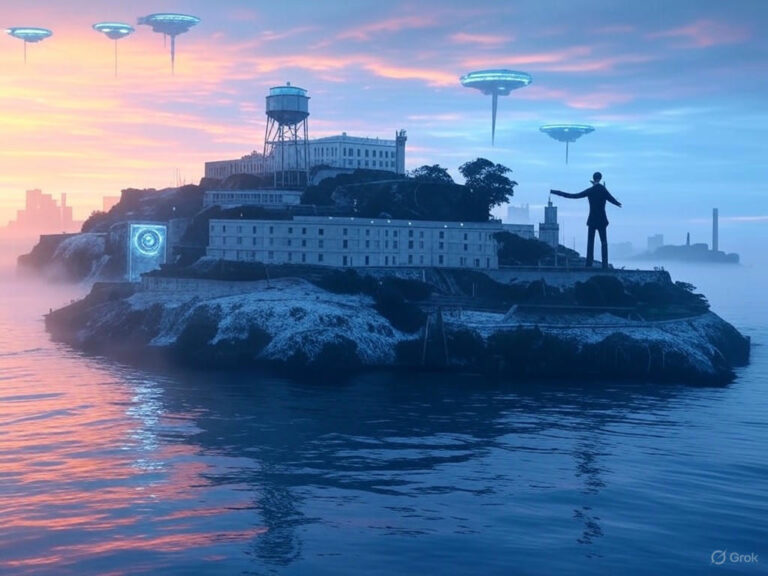 A historic aerial view of Alcatraz Island in San Francisco Bay, symbolizing President Trump's proposal to reopen it as a maximum-security federal prison, blending its past as an infamous penitentiary with modern law and order initiatives.