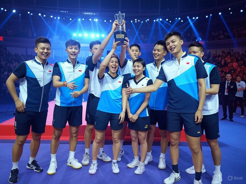 China's badminton team celebrates their 14th Sudirman Cup 2025 title win against South Korea, highlighting key matches and players like Shi Yuqi and Huang Dongping.Image