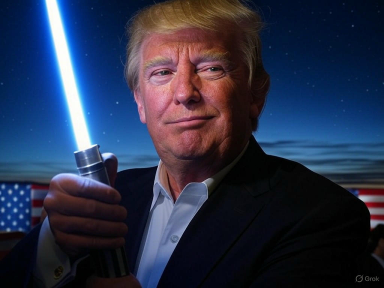 An AI-generated image depicting President Donald Trump as a muscular Jedi wielding a red lightsaber, surrounded by bald eagles and American flags, symbolizing a controversial White House Star Wars Day post.Image