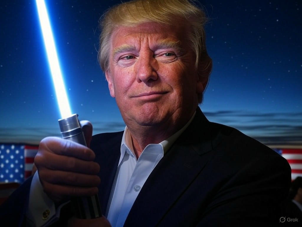 An AI-generated image depicting President Donald Trump as a muscular Jedi wielding a red lightsaber, surrounded by bald eagles and American flags, symbolizing a controversial White House Star Wars Day post.Image