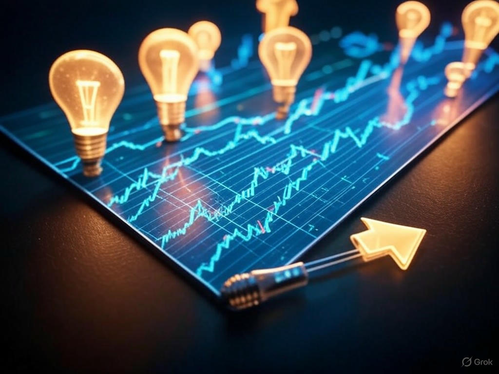 Graph of Dow Jones futures surging due to strong tech earnings and AI investments.Image