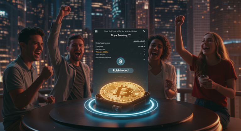 Robinhood's crypto expansion graphic illustrating Q1 2025 earnings surge, Bitstamp acquisition, and strategy for dominating the digital wallet market.