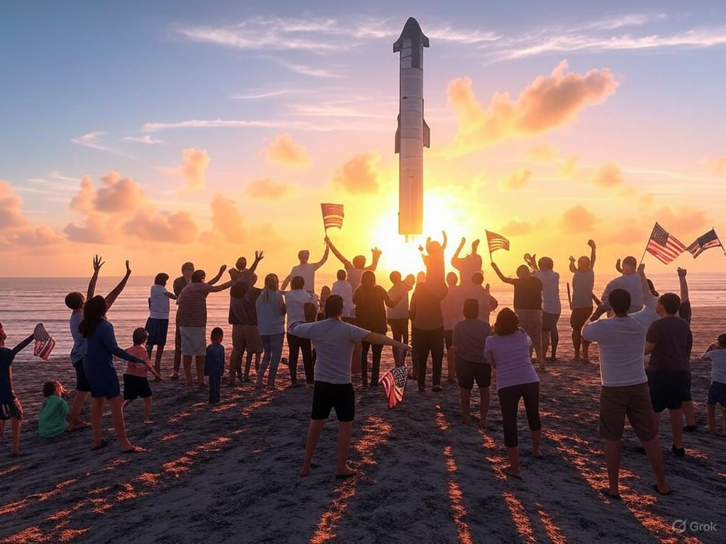 Elon Musk and SpaceX team celebrating Starbase City approval in Texas, with rocket launches and Rio Grande Valley landscape.