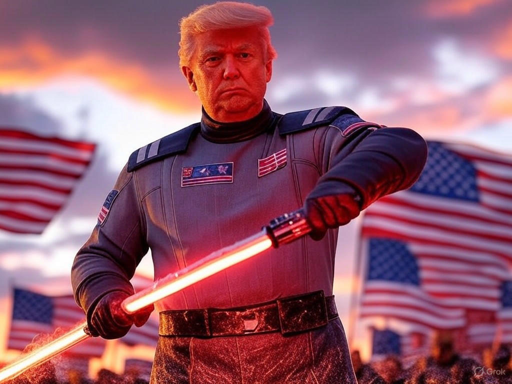 AI-generated image of President Donald Trump, muscular and wielding a red lightsaber, surrounded by American flags and eagles, critiquing immigration policies on Star Wars Day.Image