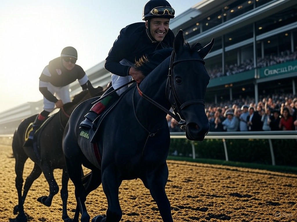 Alt text for an image based on the context: "Sovereignty winning the 151st Kentucky Derby at Churchill Downs, with jockey Junior Alvarado and trainer Bill Mott, defeating Journalism in rainy conditions."