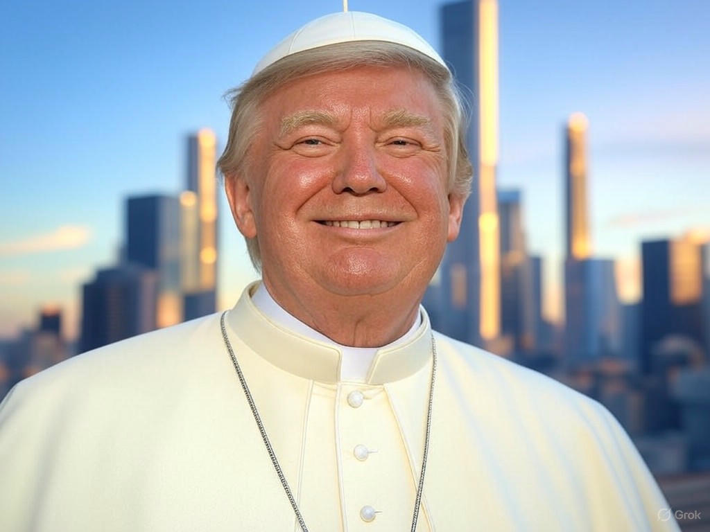 AI-generated image of Donald Trump dressed in papal attire, including a white cassock and miter, amid controversy during the Vatican's mourning period.Image