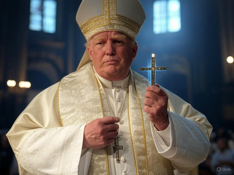 An AI-generated image of President Donald Trump dressed in papal robes, wearing white and gold attire with a cross necklace, pointing as if making a statement, amid controversy over its viral spread on social media.Image