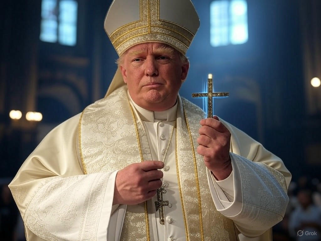 An AI-generated image of President Donald Trump dressed in papal robes, wearing white and gold attire with a cross necklace, pointing as if making a statement, amid controversy over its viral spread on social media.Image