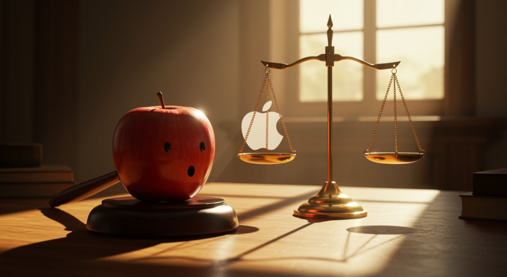An illustration of the Apple logo entangled in legal scales, representing the criminal contempt investigation with Epic Games over App Store policies.