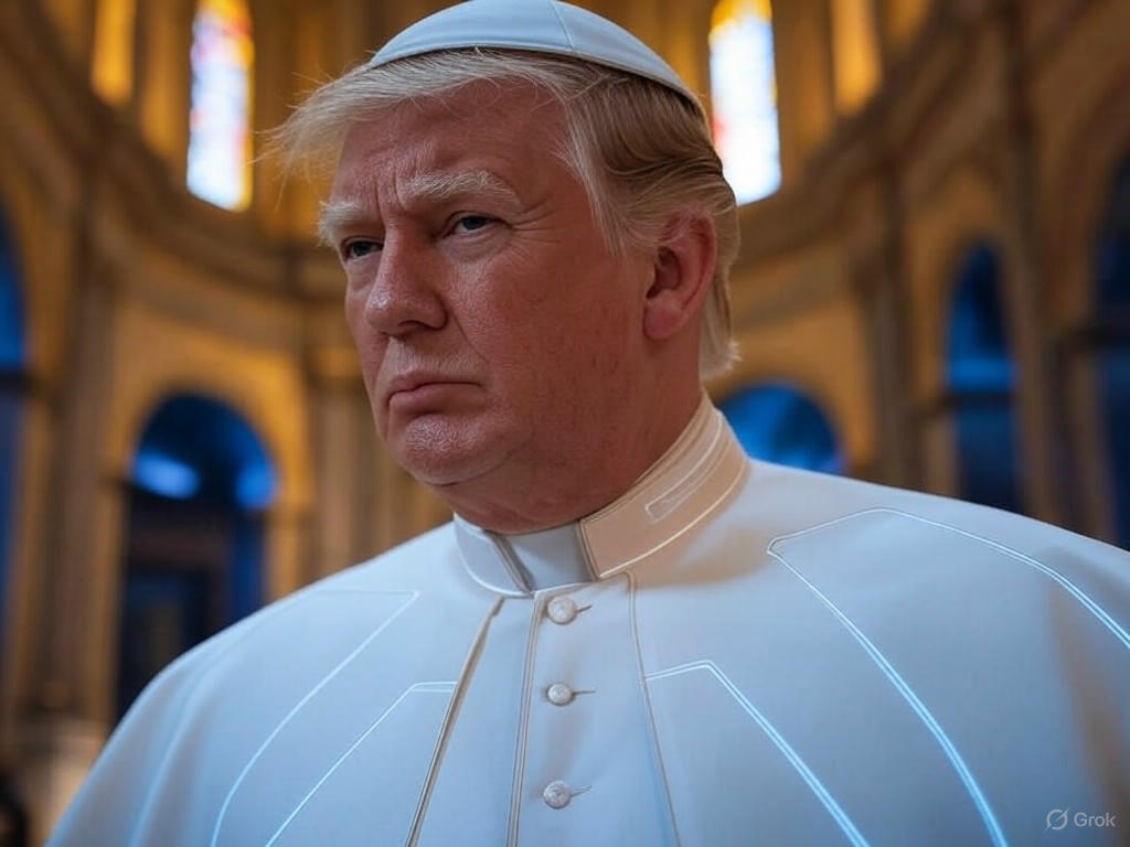 An AI-generated image depicting former President Donald Trump dressed as the Pope, highlighting the controversy and insensitivity discussed by Colin Jost on SNL's Weekend Update.Image