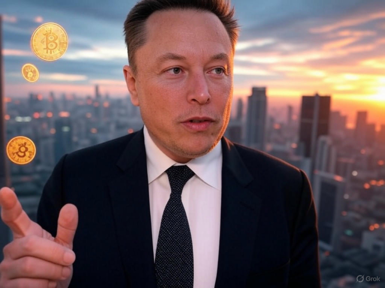 Elon Musk discussing cryptocurrency trends, featuring Dogecoin and Bitcoin charts with X Money integration.