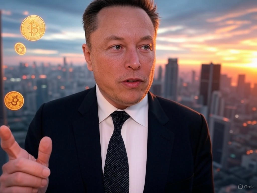 Elon Musk discussing cryptocurrency trends, featuring Dogecoin and Bitcoin charts with X Money integration.