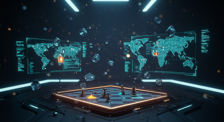 An illustration of AI cyber warfare featuring autonomous security systems, military AI technologies, and digital conflict strategies in a high-tech battlefield.
