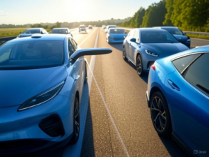 Illustration of self-driving cars interconnected in an AI social network, enabling real-time communication, decentralized learning via Cached-DFL, and improved road safety for autonomous vehicles.