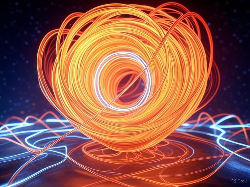 Illustration of quantum chaos in computing, showing interconnected qubits and entangled systems enhancing stability through information scrambling and fault-tolerant designs.