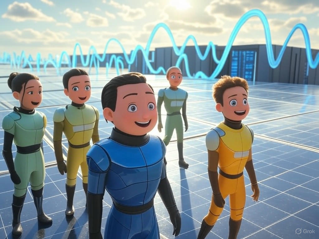 An illustration depicting green energy attacks on data centers and AI systems, highlighting vulnerabilities in renewable sources like solar and wind disrupting power supplies.Image