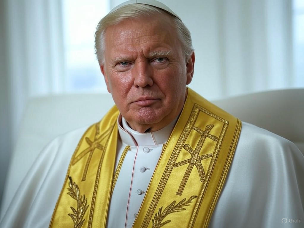 AI-generated image of former President Donald Trump in papal robes, pointing assertively, with a crucifix and coronation chair, sparking online debates on politics and religion.Image