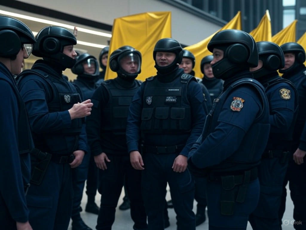 Alt text for the implied image: "Pro-Palestinian demonstrators clashing with safety officers at Columbia University's Butler Library during a protest over Gaza conflict issues."