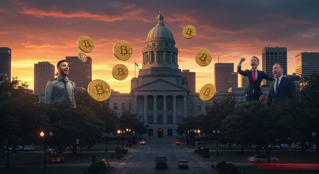 Illustration of North Carolina's pension fund diversifying into cryptocurrencies like Bitcoin for better returns.