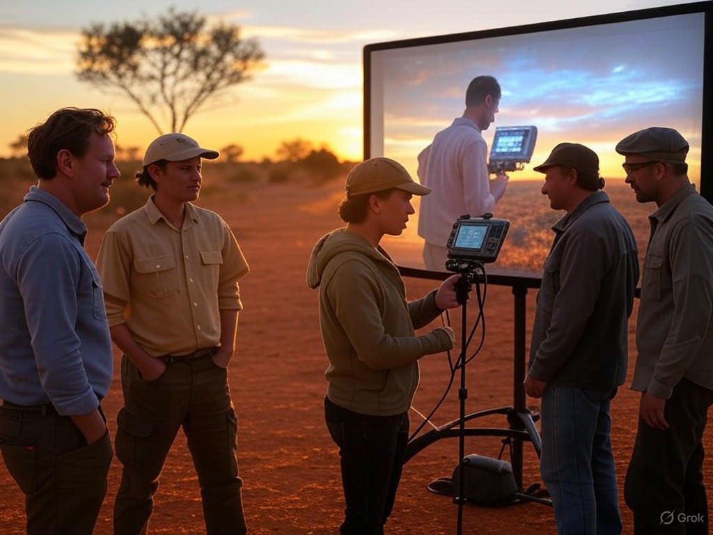 An image of Donald Trump announcing tariffs on international films, impacting the Australia and New Zealand film industries, with symbolic representations of global trade shifts and Oceania cinema support.