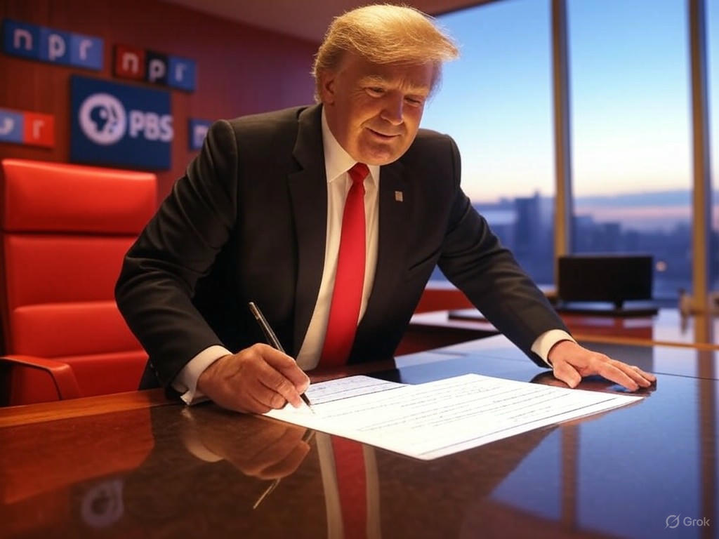 President Donald Trump signing an executive order to cut federal funding for PBS and NPR, impacting public broadcasting networks.