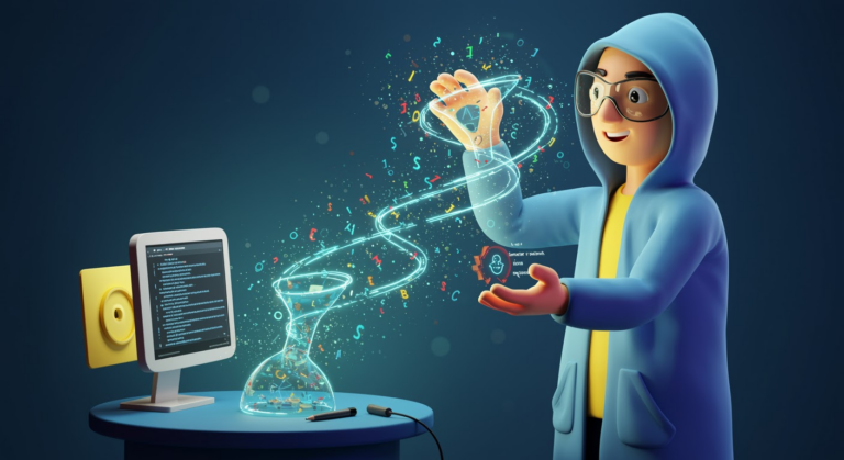 Illustration of an AI bot being thwarted by gibberish data to prevent big tech data theft