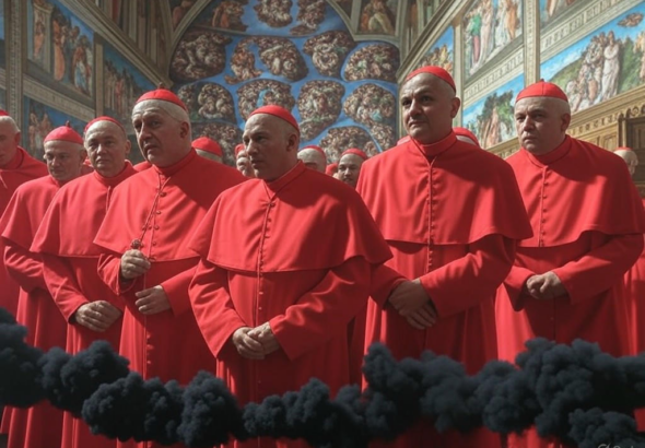 Black smoke rises from the Sistine Chapel chimney during Day 2 of Papal Conclave 2025, indicating no new pope has been elected.Image