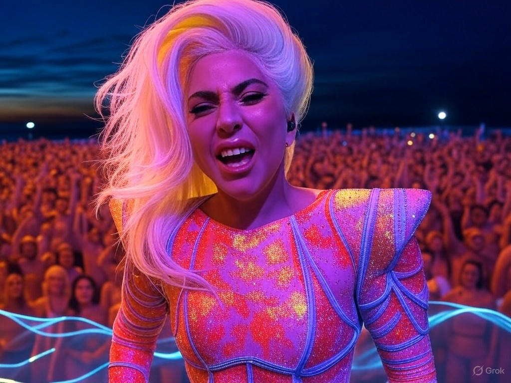 Lady Gaga performing at a record-breaking free concert on Copacabana Beach in Rio de Janeiro, drawing over 2.5 million fans and surpassing Madonna's attendance, highlighting pop music history and its economic impact on Brazilian fans and the global music event.Image