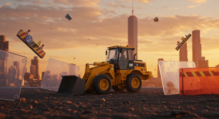 Alt text for an inferred image based on context: "Caterpillar heavy equipment facing Trump tariffs impact, showing Q1 2025 earnings decline and strategies for tariff mitigation in the industry."