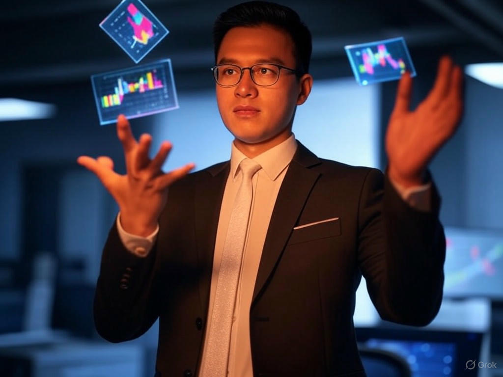 A young government staffer using AI to revise DOGE regulations for cryptocurrency oversight in 2025.Image