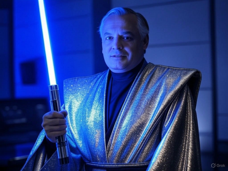 An AI-generated image of President Donald Trump depicted as a Jedi with a red lightsaber, surrounded by patriotic eagles and American flags, intended for Star Wars Day but sparking controversy.Image