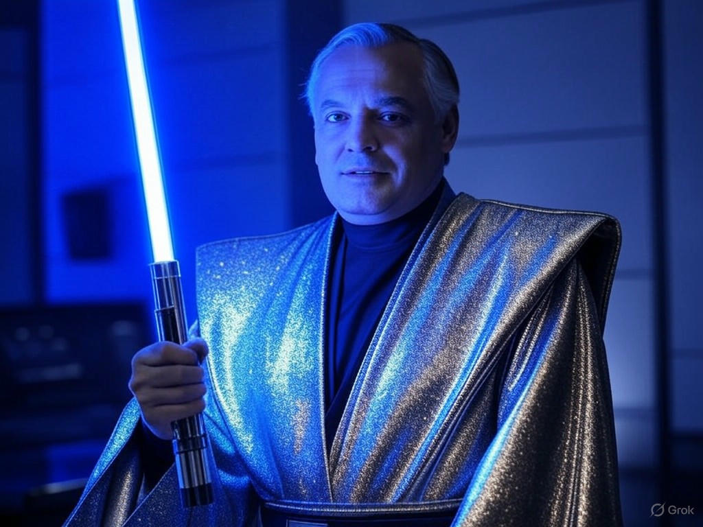 An AI-generated image of President Donald Trump depicted as a Jedi with a red lightsaber, surrounded by patriotic eagles and American flags, intended for Star Wars Day but sparking controversy.Image