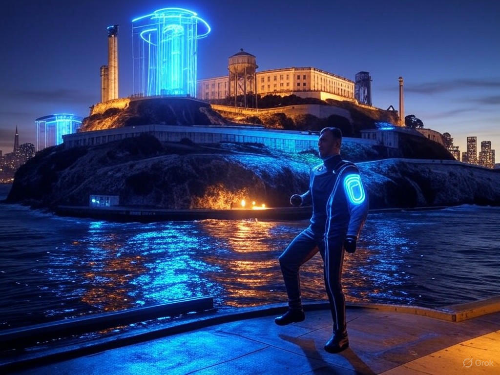 Alcatraz Island, the historic prison site in San Francisco Bay proposed for reopening by President Trump, symbolizing debates on law, order, and fiscal responsibility.