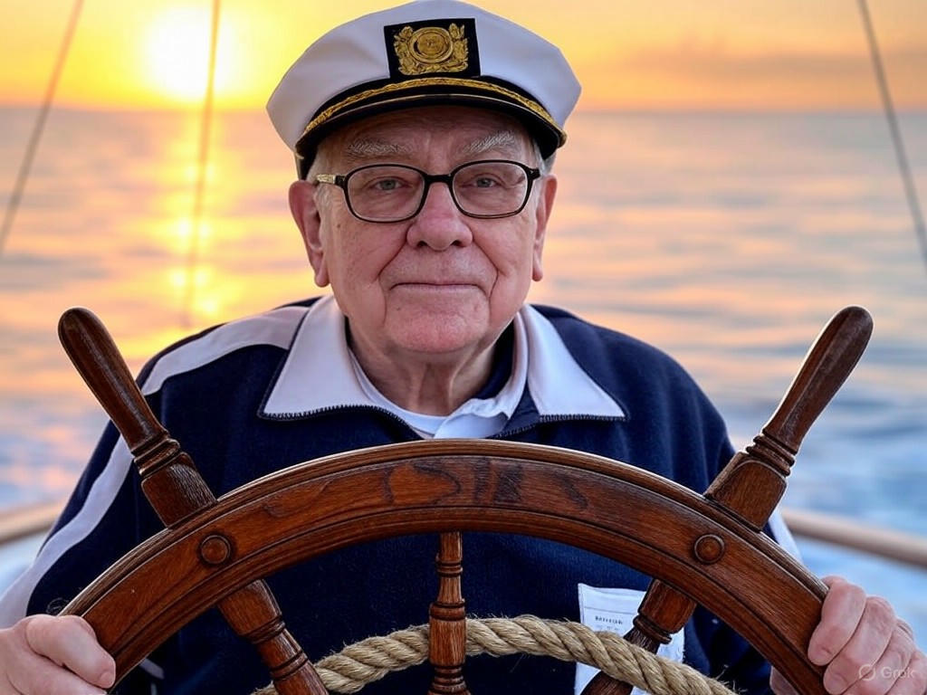 Warren Buffett with stock market chart analyzing future investment philosophy
